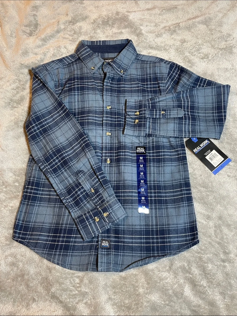 NWT Real Work Boys Blue Plaid Button Front Shirt